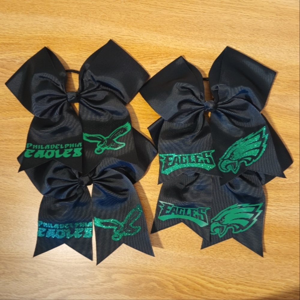 Two Philadelphia Eagles Cheer Bow Hair Tie - Black and Green Glitter Or PlaVinyl